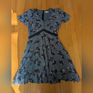 Rebecca Taylor Sz 2 Silk Blue Floral Dress with Black Accents